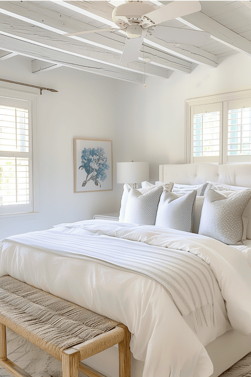 coastal bedroom with blue accents