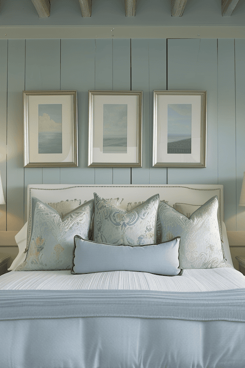 blue feature wall in coastal grandma style beach house bedroom