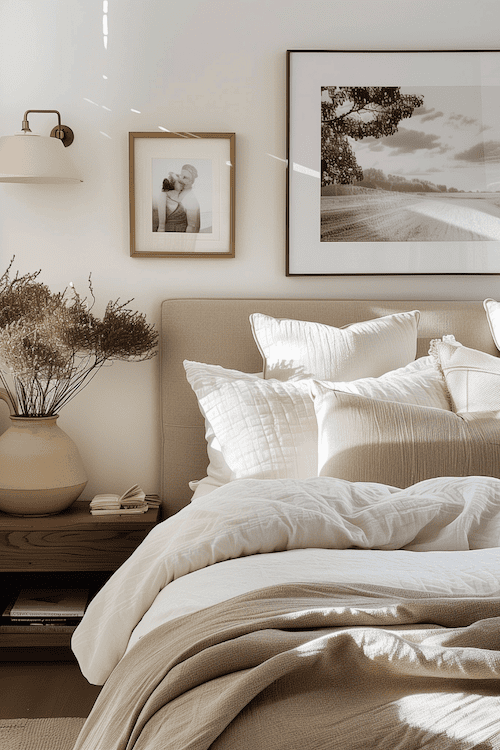 weathered bedside table in coastal bedroom