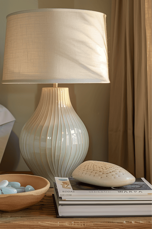 bedside table lamp beside beach glass and other beach finds