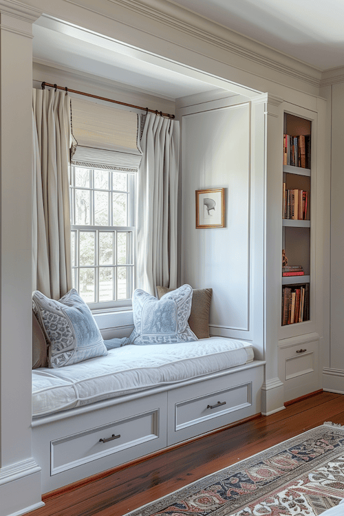 wood flooring in coastal bedroom with bay window