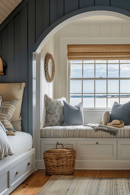 coastal home bedroom reading nook with blue walls