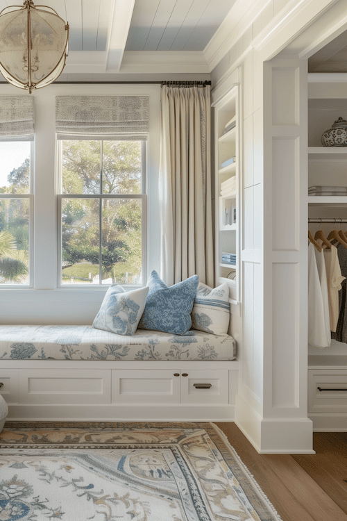 coastal bedroom with reading nook at bay window beside closet