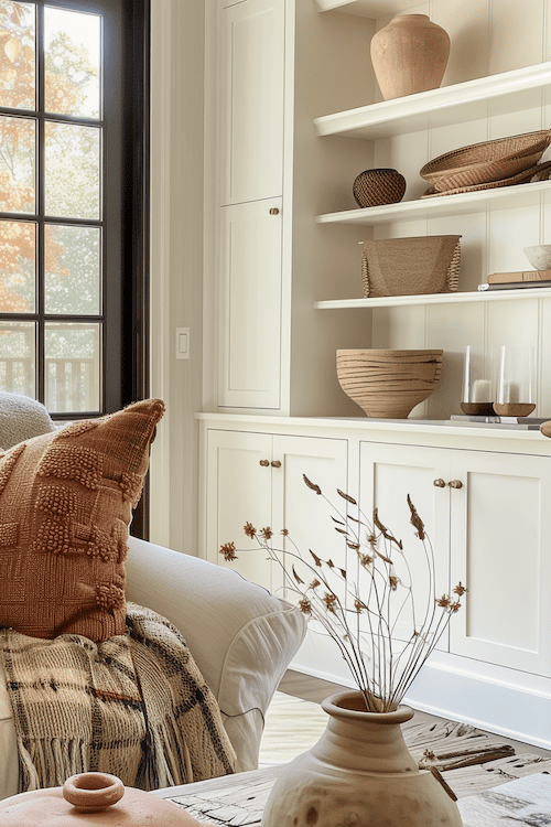 cozy fall decor in living room clay pot with Fall stems