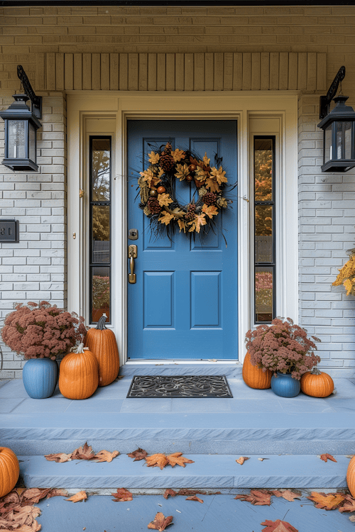 a front porch decorated with cozy fall decorating ideas for front door