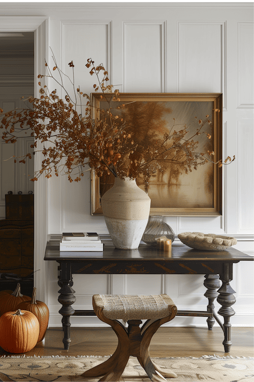 beautiful foyer decorated for fall with pumpkins