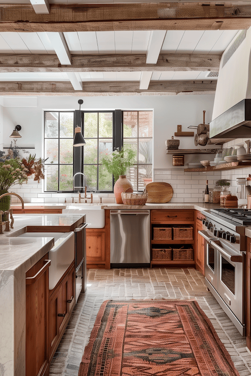 Nancy Meyers inspired kitchen with marble Island and oak cabinets