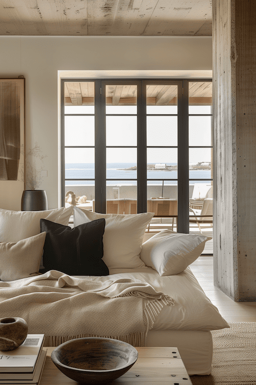 bring calm coastal vibes into your organic living room with coastal views