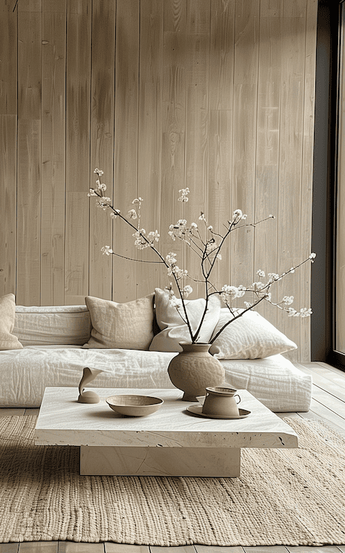 example of organic modern living room with japandi influence