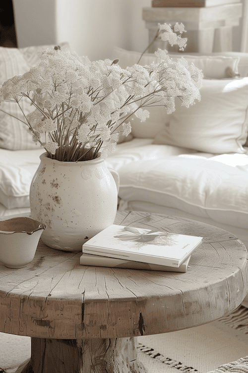 organic wood coffee table and decor and plants