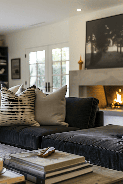 Inviting serene living room with organic modern decor and cozy fire place