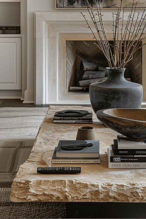 monochrome colors in organic modern living room with rough edge stone coffee table