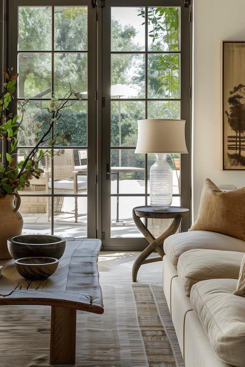 organic modern living room pairing vintage furniture with rustic coffee table and modern couch