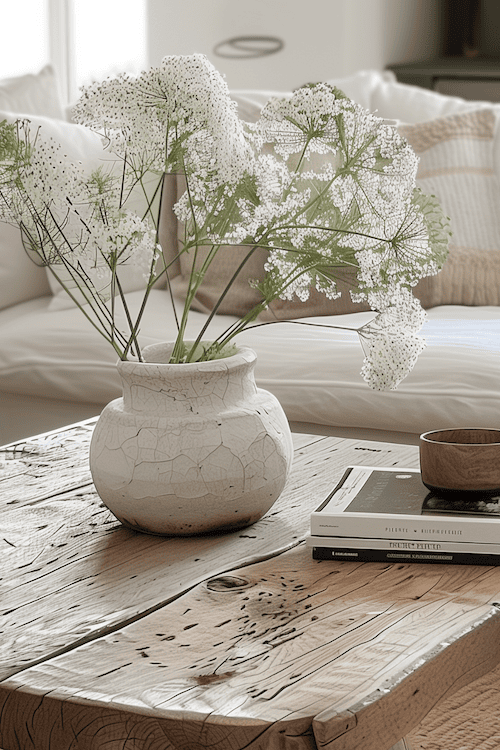 Fresh and airy living room decorating ideas example of wood coffee table and rustic vase of wild flowers close up