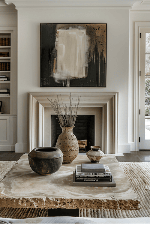 Travertine coffee table with rough edge brings harmony to organic modern living room