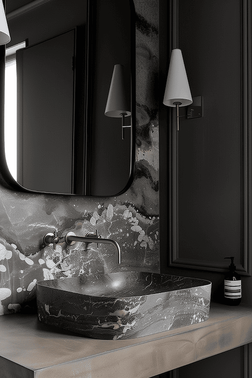 Marble backsplash and antique brass fixtures in modern luxury bathroom