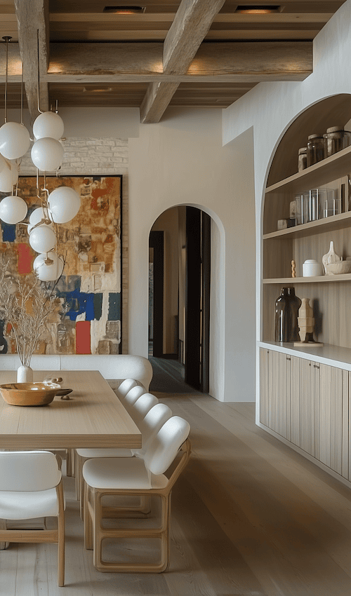 arch cabinet and modern art in luxury dining room with art deco influences