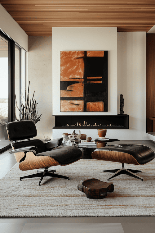 a beautiful mid century modern living room mcm Eames lounge chair and MCM decor