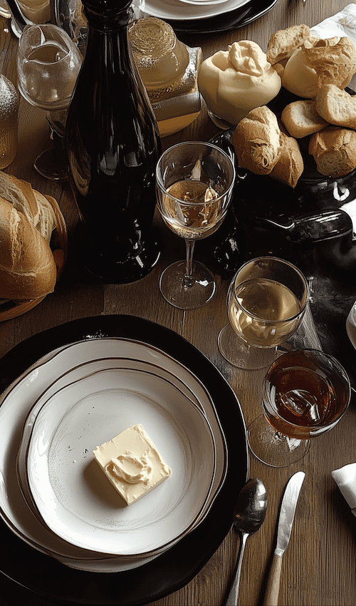 view of bread butter and wine on dining table