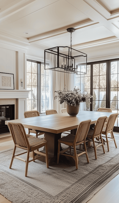 bright and sunny dining room with big wooden dining table and large fireplace