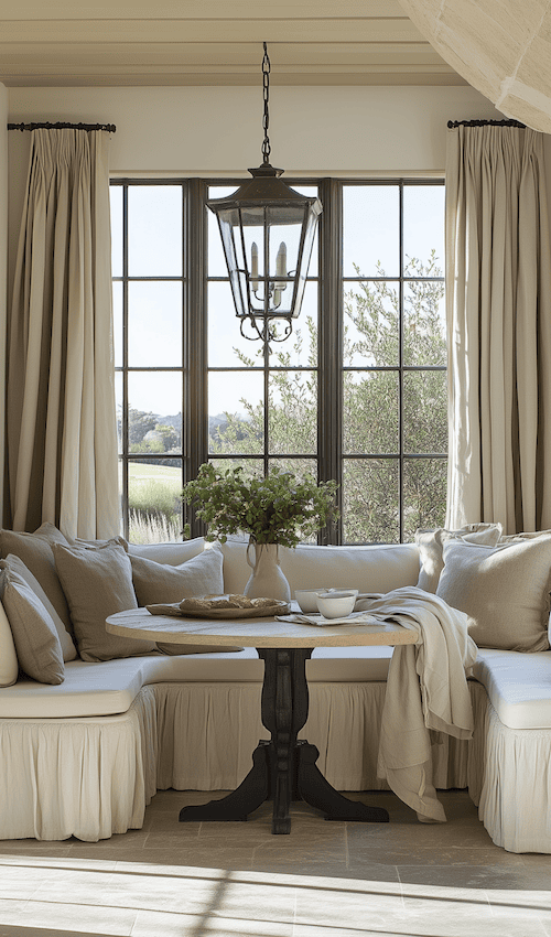 classy modern french country breakfast nook with curtains