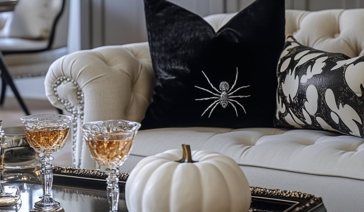 living room sofa and coffee table decorated in the classy spooky chic halloween decor ideas style