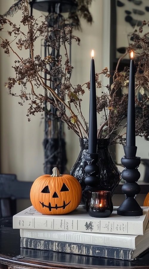 Cute pumpkins, mirrors, haunted Halloween entryway decor