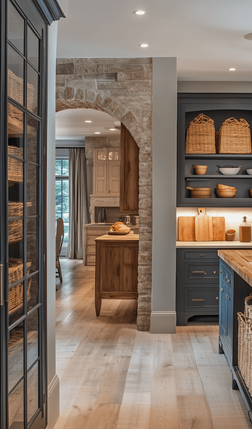 flooring in elegant walk in pantry room in modern french country kitchen