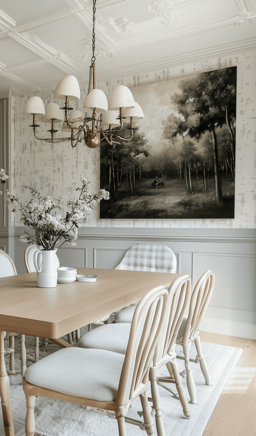 french country dining room with playful wallpaper