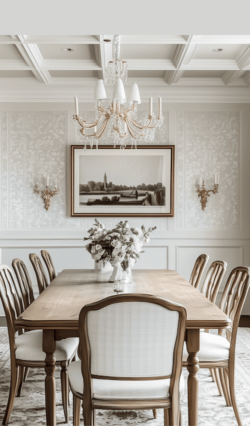 french estate classic dining room decor with beautiful wainscotting