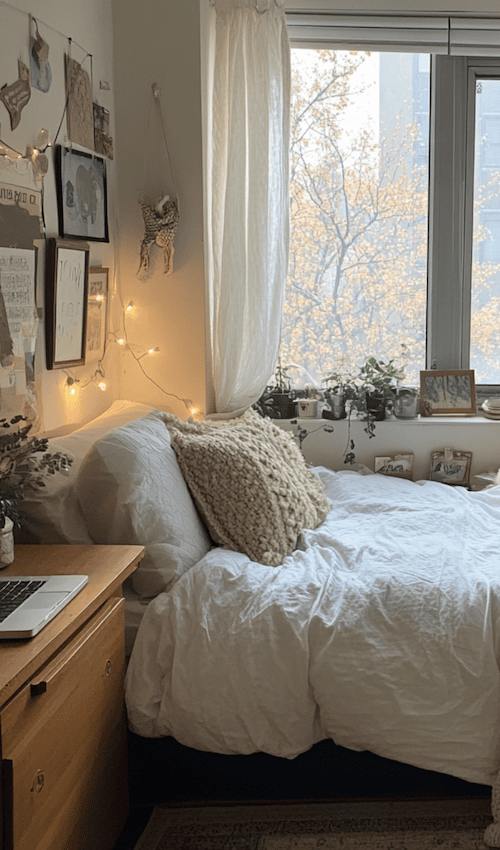 how to make a dorm room cozy and inviting with lights and command hooks