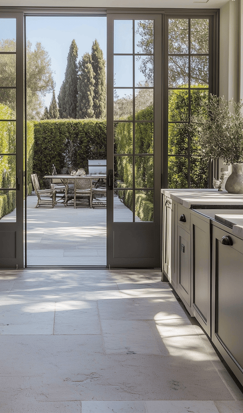 stone floors and comfortable outdoor seating area looking out from kitchen in french cottage