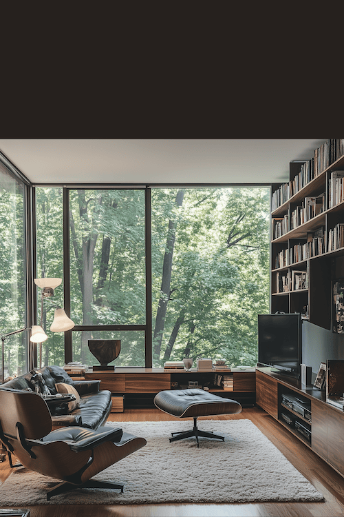 impressive mid century modern home office den with reading nook looking out to forest