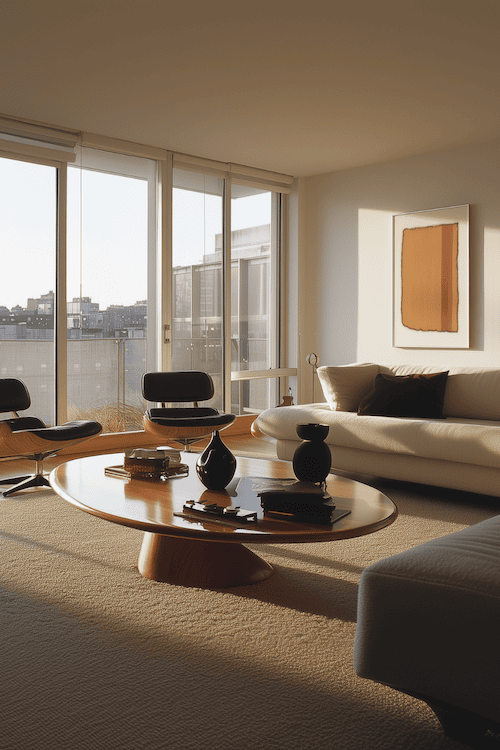 mid century modern living room apartment combining modern and vintage aesthetic