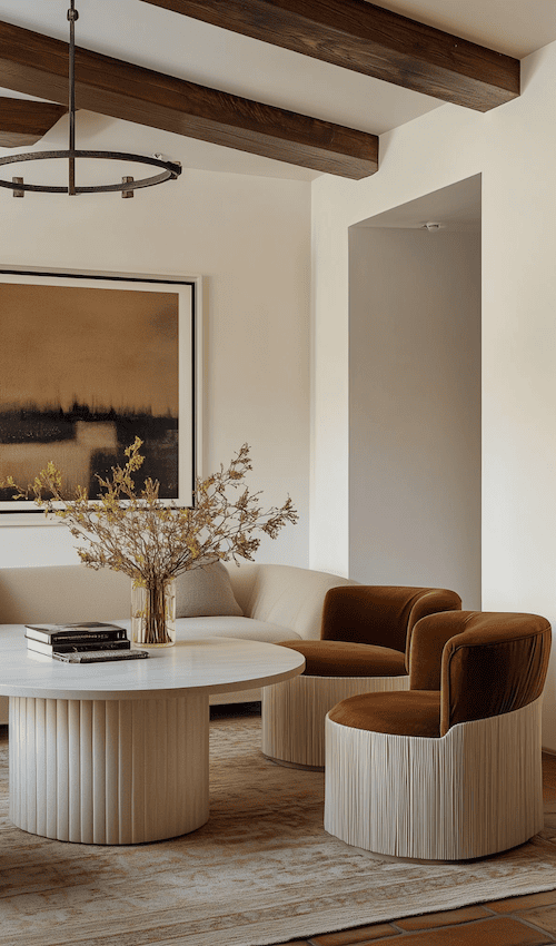 modern dining room with plush chairs and focal point art on wall