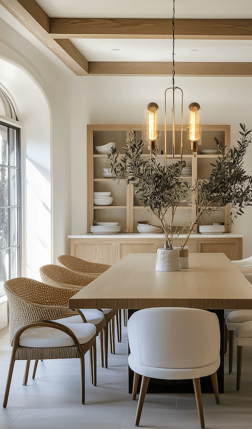 new home gets character with elegant dining room decor open. shelving to display a collection