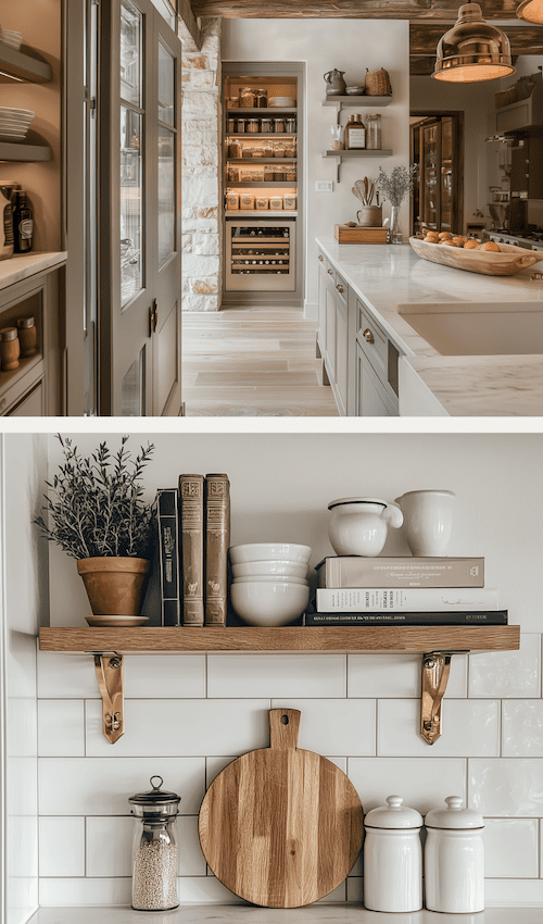 decor open shelving and pantry in modern french country kitchen