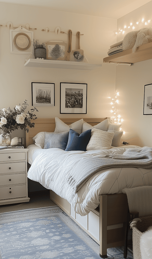 how to maximize vertical space when decorating a small dorm room like an interior designer