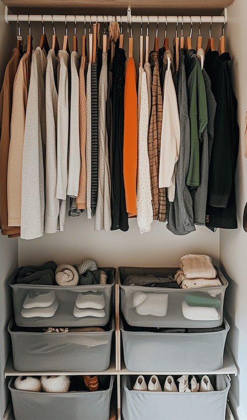 close up of a small dorm closet organized with bins, hooks and more