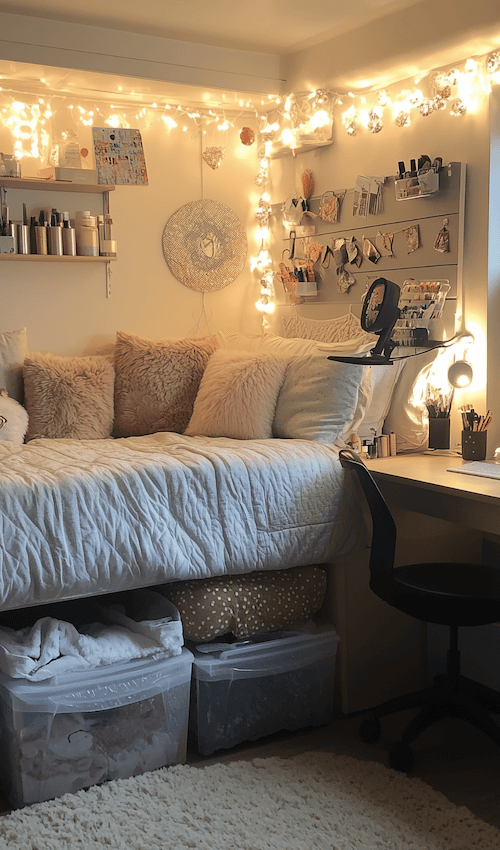 easy small dorm decor ideas underbed storage solution