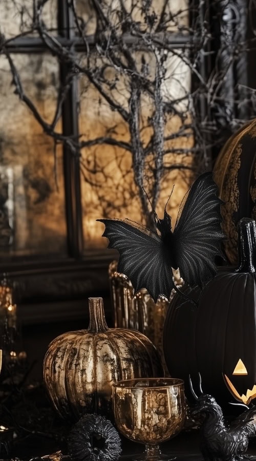 Sophisticated Halloween Decor: Elegant Bats and Pumpkins