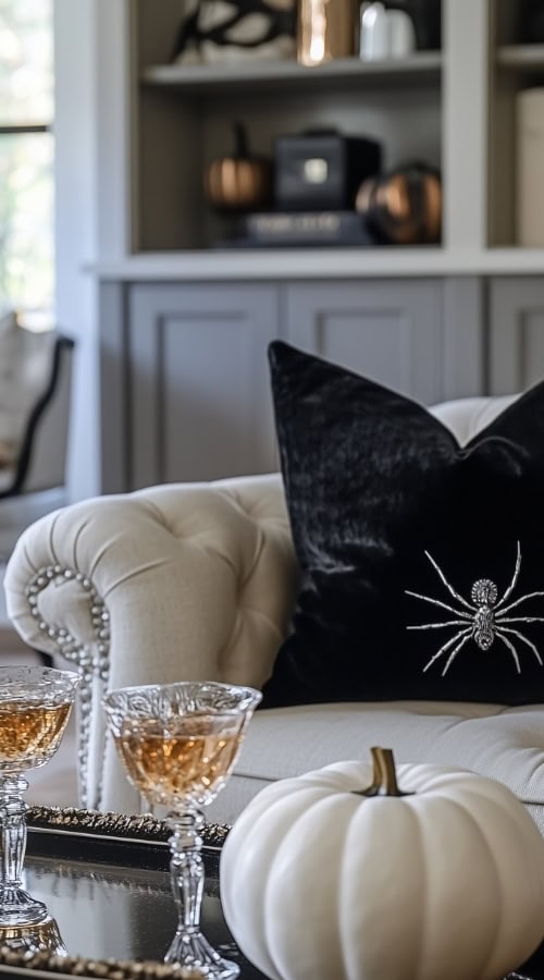 example of Classy Halloween Party Decor Crystal Glasses and Subtle Spiders