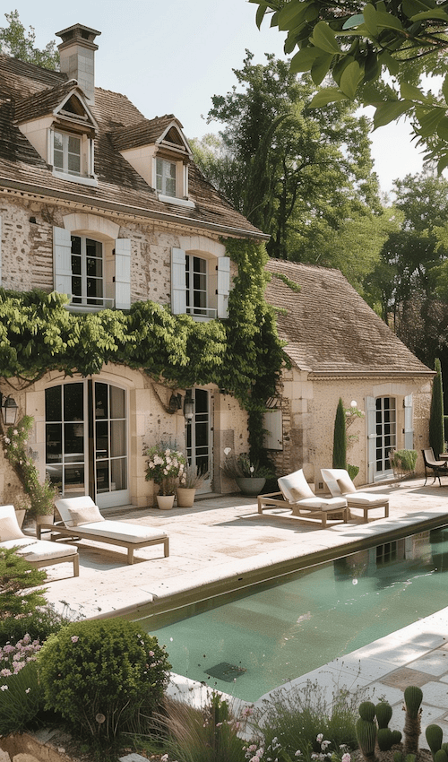 outside a modern french country cottage kitchen and outdoor seating