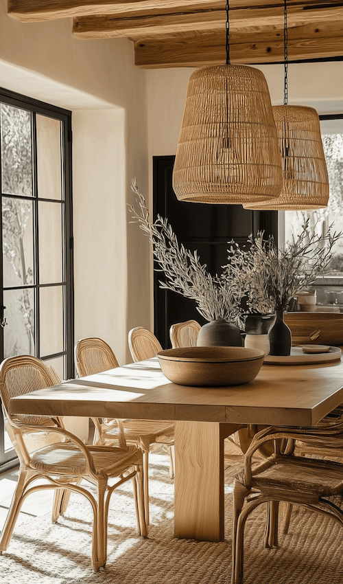 sunny dining room japandi style decor and statement light fixture