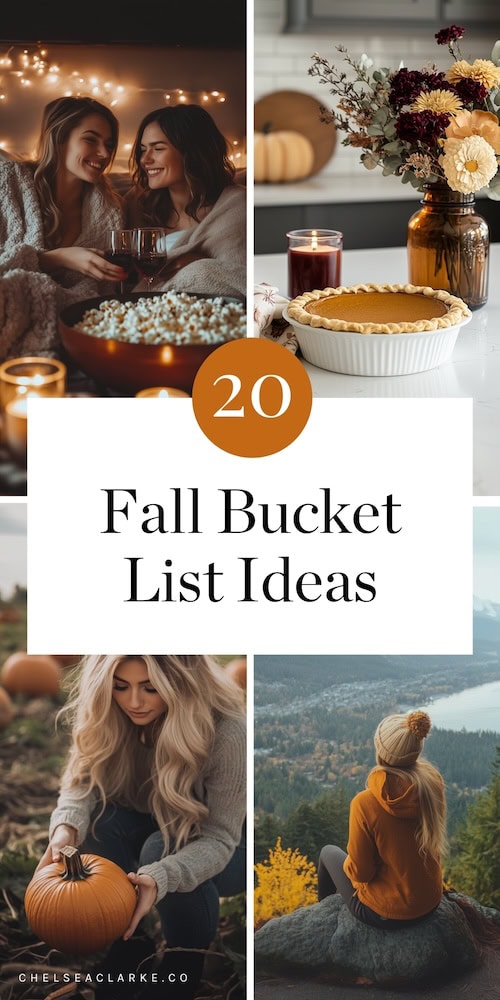 4 images of different Festive Fall Bucket List Ideas for fun things to do in October such as baking pumpkin pie, fall hike, pumpkin patch and more