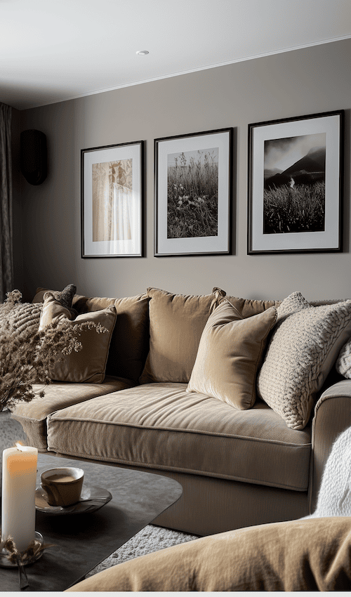 example of how to decorate wall above couch 3 large photos framed on wall behind sofa