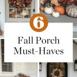 4 images of fall front porch homes decorated with Fall decor pumpkins, seasonal wreaths and more