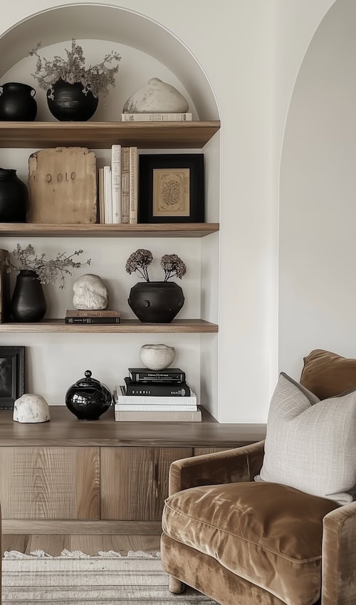 velvet chair in black and tan living room creates a modern moody space