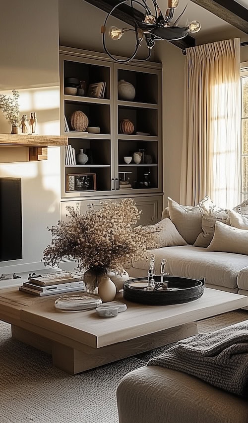 Cozy living room with bookshelf and fireplace mantel decorated in modern moody style