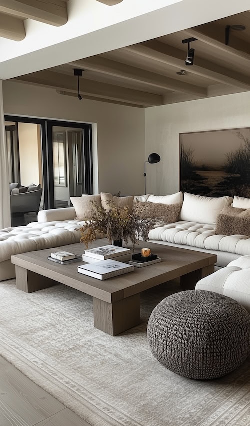 Moody Living room with grey and tan walls 